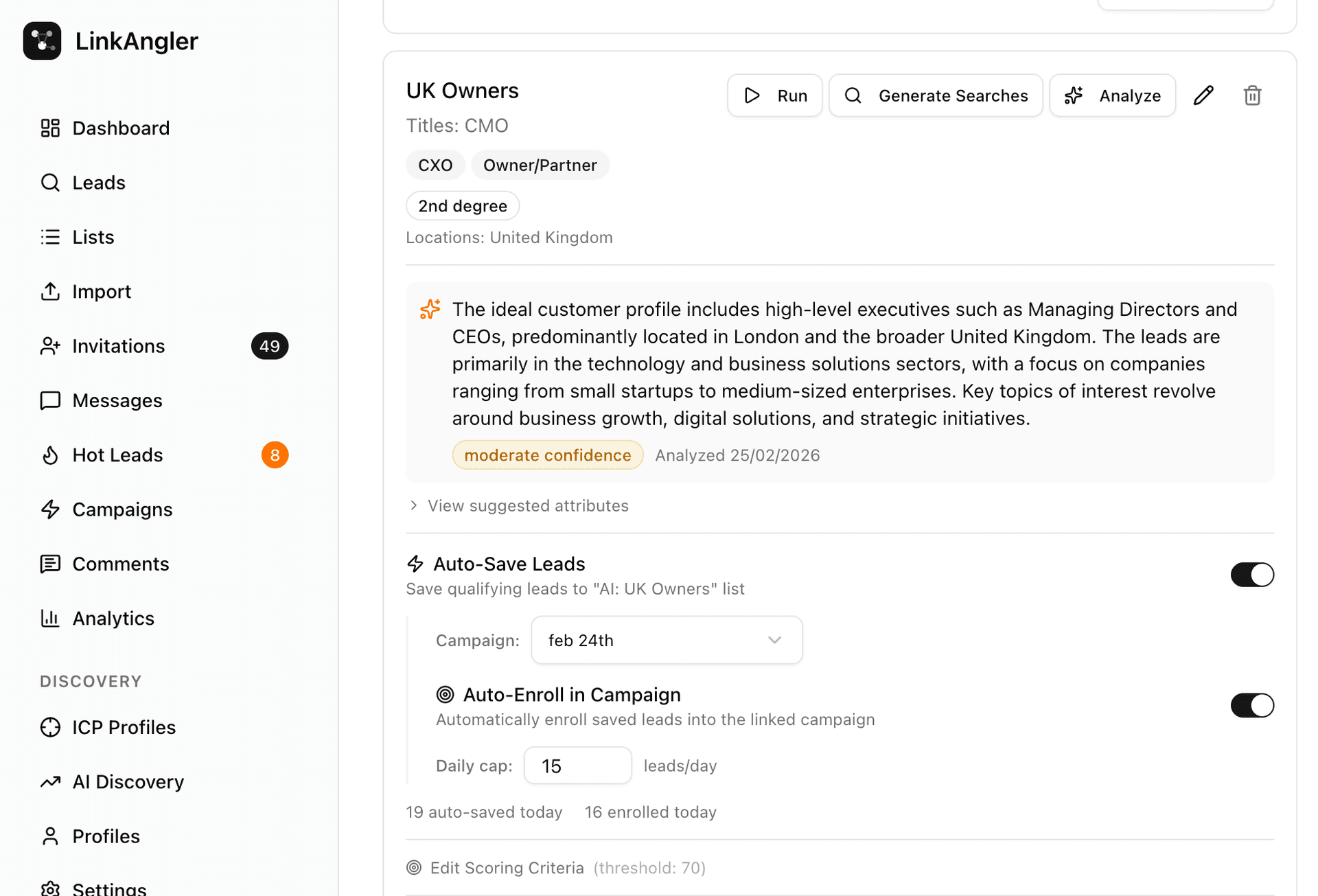 ICP profile setup screen showing target titles, AI analysis, and auto-save settings