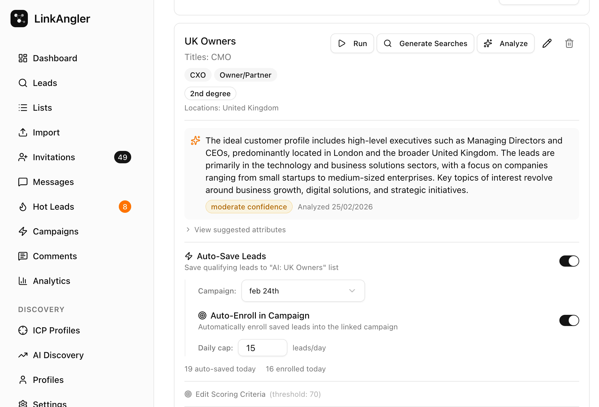 ICP profile setup screen showing target titles, AI analysis, and auto-save settings