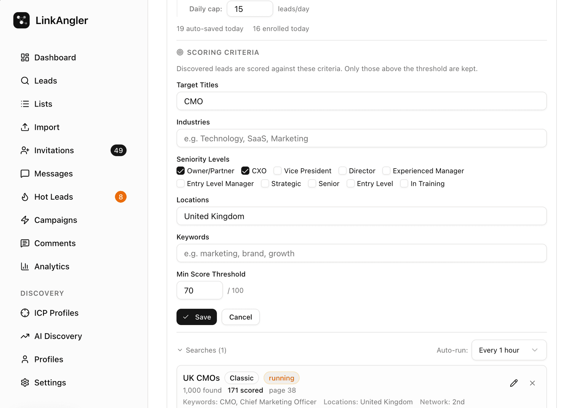 Scoring criteria form with target titles, seniority levels, locations, and a running search